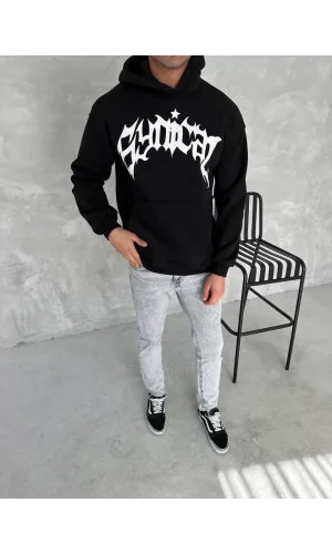 Luz&Pos Unisex Üç İplik Kapüşonlu Baskılı Sweatshirt - Siyah