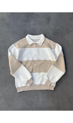 Luz&Pos Unisex Üç İplik Parçalı Yakalı Sweatshirt - Bej