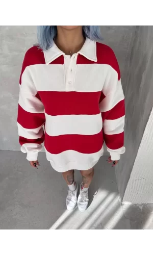 Luz&Pos Unisex Üç İplik Parçalı Yakalı Sweatshirt - Kırmızı