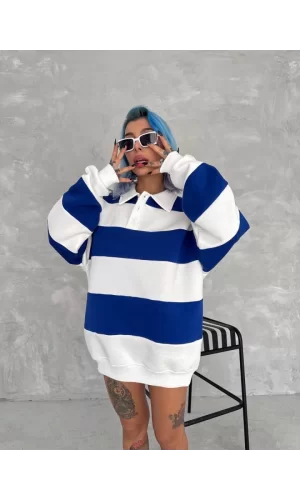 Unisex Üç İplik Parçalı Yakalı SweatShirt - Mavi