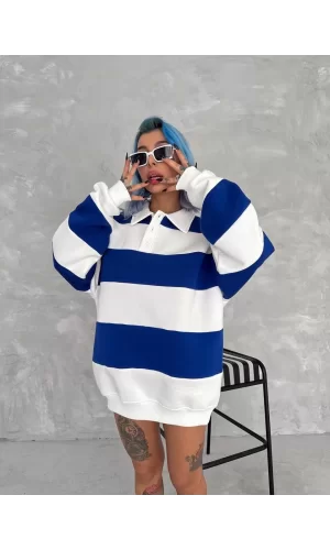 Luz&Pos Unisex Üç İplik Parçalı Yakalı Sweatshirt - Mavi