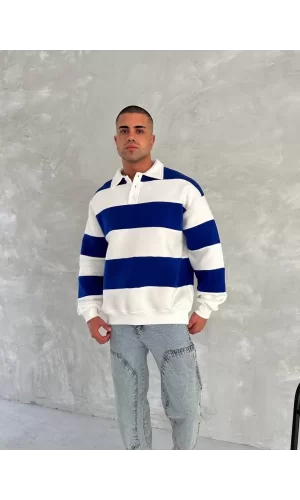 Luz&Pos Unisex Üç İplik Parçalı Yakalı Sweatshirt - Mavi