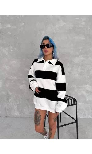 Unisex Üç İplik Parçalı Yakalı SweatShirt - Siyah