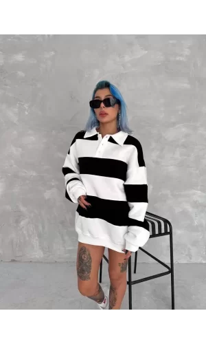 Luz&Pos Unisex Üç İplik Parçalı Yakalı Sweatshirt - Siyah