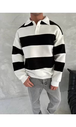 Luz&Pos Unisex Üç İplik Parçalı Yakalı Sweatshirt - Siyah