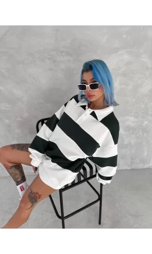 Luz&Pos Unisex Üç İplik Parçalı Yakalı Sweatshirt - Yeşil