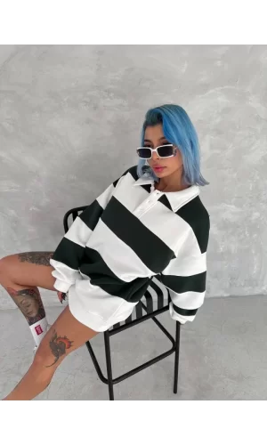 Unisex Üç İplik Parçalı Yakalı SweatShirt - Yeşil