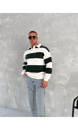 Luz&Pos Unisex Üç İplik Parçalı Yakalı Sweatshirt - Yeşil