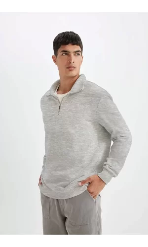 Luz&Pos Unisex Uzun Kol Yarım Farmuarlı Yakalı Basic Sweatshirt - Gri