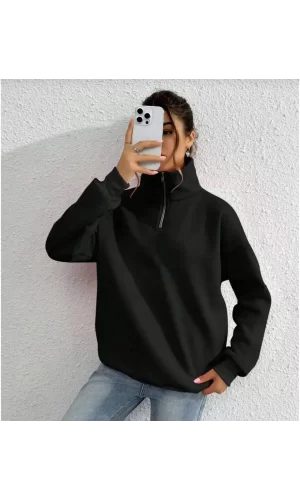Luz&Pos Unisex Uzun Kol Yarım Farmuarlı Yakalı Basic Sweatshirt - Siyah