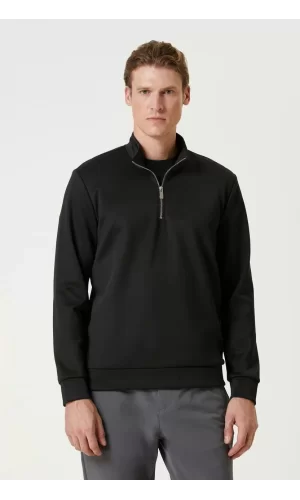 Luz&Pos Unisex Uzun Kol Yarım Farmuarlı Yakalı Basic Sweatshirt - Siyah