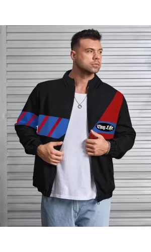 Unisex Uzun Koll Fermuarlı Baskılı Rüzgarlik - Siyah