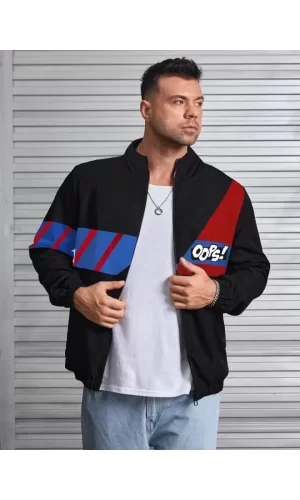 Unisex Uzun Koll Fermuarlı Baskılı Rüzgarlik - Siyah