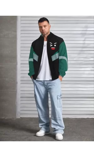 Unisex Uzun Kollu Paraşüt Kumaş Rüzgarlik - Siyah