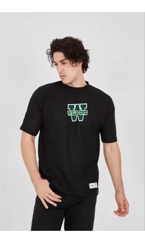 Luz&Pos Unisex Waffle Kumaş Çift Katlamalı Kol Baskılı T-shirt - Siyah