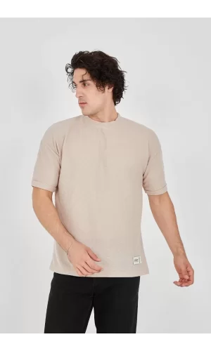 Luz&Pos Unisex Waffle Kumaş Rahat Kol T-shirt - Bej