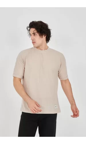 Unisex Waffle Kumaş Rahat Kol T-Shirt - Bej