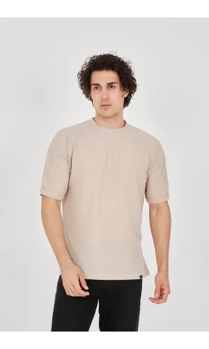 Luz&Pos Unisex Waffle Kumaş Rahat Kol T-shirt - Bej