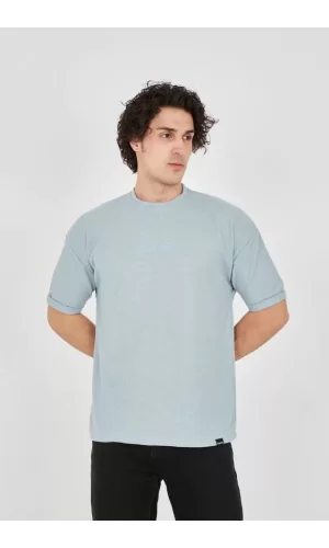 Unisex Waffle Kumaş Rahat Kol T-Shirt - Buz Mavisi