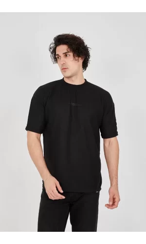 Luz&Pos Unisex Waffle Kumaş Rahat Kol T-shirt - Siyah
