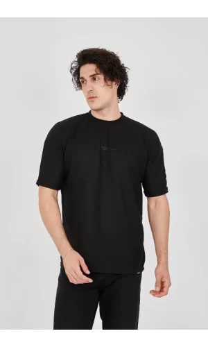 Unisex Waffle Kumaş Rahat Kol T-Shirt - Siyah