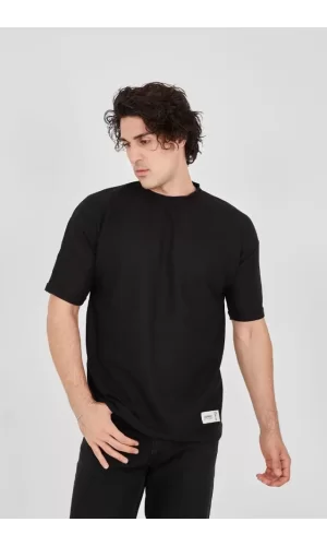 Unisex Waffle Kumaş Rahat Kol T-Shirt - Siyah