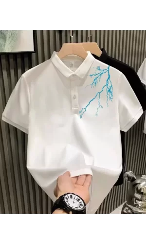 Unisex Yakası Düğmeli Oversize Baskılı T-Shirt - Beyaz