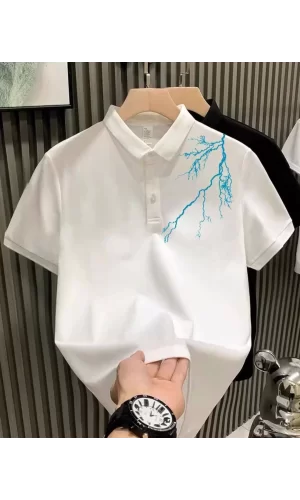 Luz&Pos Unisex Yakası Düğmeli Oversize Baskılı T-shirt - Beyaz
