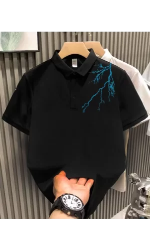 Luz&Pos Unisex Yakası Düğmeli Oversize Baskılı T-shirt - Siyah
