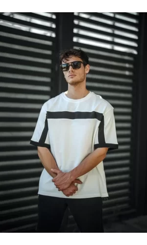 Luz&Pos Unisex Yandan Fermuarlı Parçalı T-shirt - Beyaz