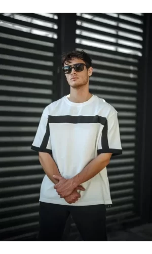 Unisex Yandan Fermuarlı Parçalı T-Shirt - Beyaz