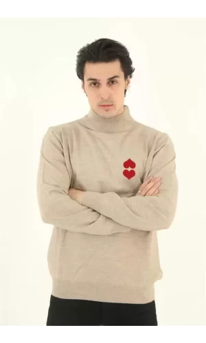 Unisex Yarım Boğazlı Baskılı Dokuma Triko - Bej