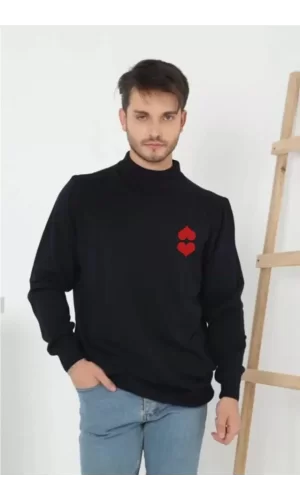 Unisex Yarım Boğazlı Baskılı Dokuma Triko - Lacivert