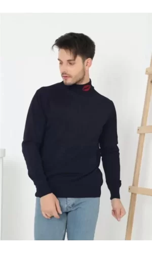 Unisex Yarım Boğazlı Baskılı Dokuma Triko - Lacivert