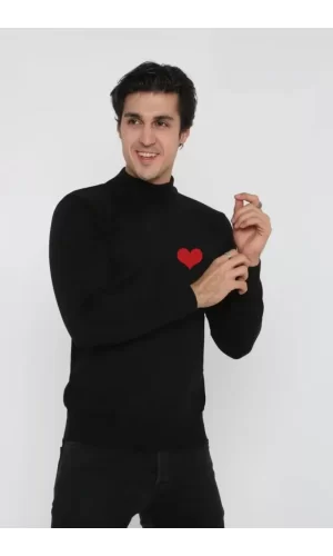 Unisex Yarım Boğazlı Baskılı Dokuma Triko - Siyah