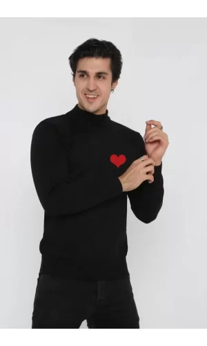 Luz&Pos Unisex Yarım Boğazlı Baskılı Dokuma Triko - Siyah