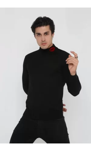 Luz&Pos Unisex Yarım Boğazlı Baskılı Dokuma Triko - Siyah