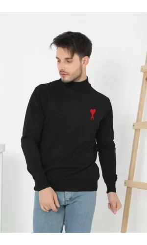 Luz&Pos Unisex Yarım Boğazlı Baskılı Dokuma Triko - Siyah