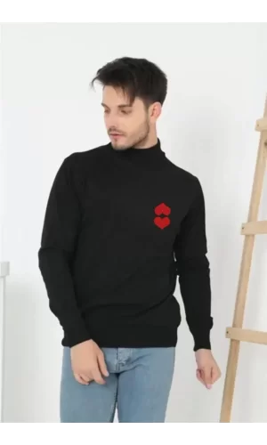 Unisex Yarım Boğazlı Baskılı Dokuma Triko - Siyah