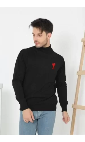 Unisex Yarım Boğazlı Baskılı Dokuma Triko - Siyah