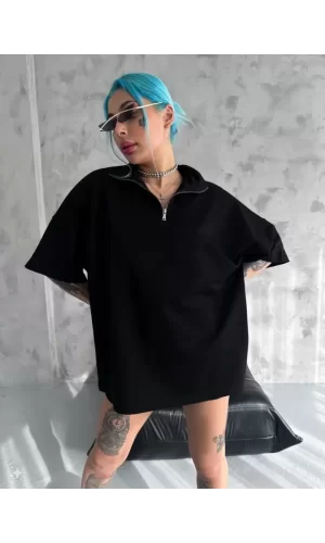 Unisex Yarım Fermuarlı Basic T-Shirt - Siyah