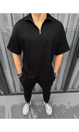Luz&Pos Unisex Yarım Fermuarlı Basic T-shirt - Siyah
