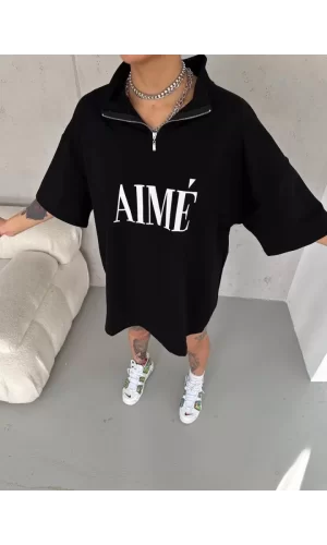 Unisex Yarım Fermuarlı Baskılı T-Shirt - Siyah