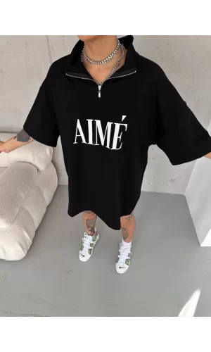 Luz&Pos Unisex Yarım Fermuarlı Baskılı T-shirt - Siyah