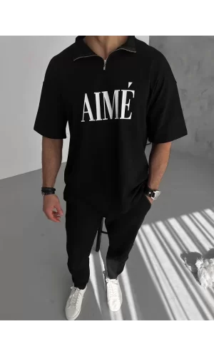 Luz&Pos Unisex Yarım Fermuarlı Baskılı T-shirt - Siyah