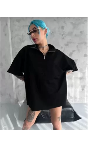 Luz&Pos Unisex Yarım Fermuarlı Düz Oversize T-shirt - Siyah
