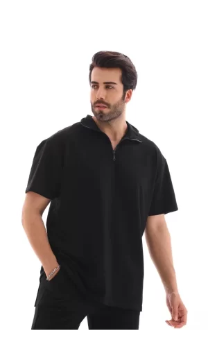 Luz&Pos Unisex Yarım Fermuarlı Düz Oversize T-shirt - Siyah