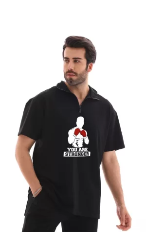 Luz&Pos Unisex Yarım Fermuarlı Oversize Baskılı T-shirt - Siyah