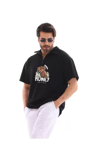 Luz&Pos Unisex Yarım Fermuarlı Oversize Baskılı T-shirt - Siyah