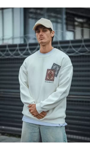 Luz&Pos Uzun Kol Bisiklet Yaka Baskılı Sweatshirt - Beyaz